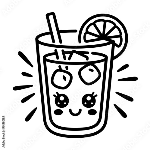 Сute kawai cocktail doodle  t with hand drawn garnish, classic drinks and vintage bar glass icons. Whimsical vector illustration for kitchen decor, party menu or creative wall art.
