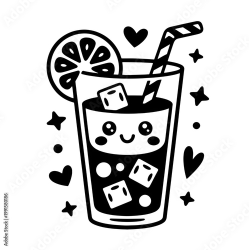 Сute kawai cocktail doodle  t with hand drawn garnish, classic drinks and vintage bar glass icons. Whimsical vector illustration for kitchen decor, party menu or creative wall art.
