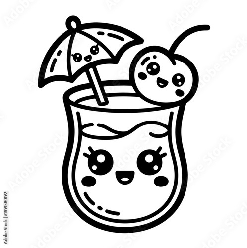Сute kawai cocktail doodle  t with hand drawn garnish, classic drinks and vintage bar glass icons. Whimsical vector illustration for kitchen decor, party menu or creative wall art.
