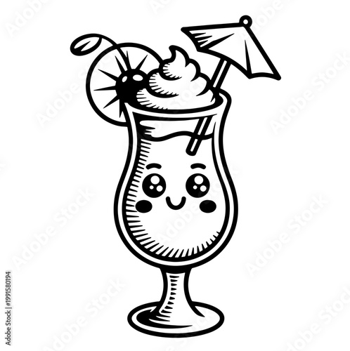 Сute kawai cocktail doodle  t with hand drawn garnish, classic drinks and vintage bar glass icons. Whimsical vector illustration for kitchen decor, party menu or creative wall art.
