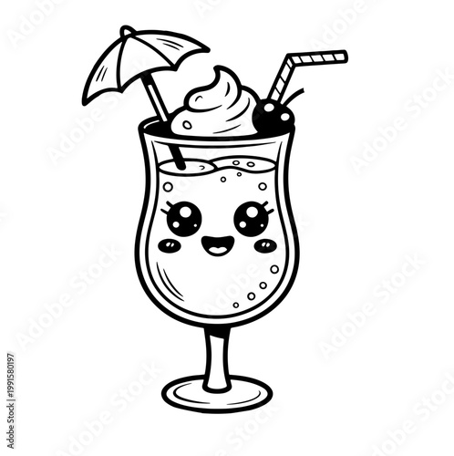Сute kawai cocktail doodle  t with hand drawn garnish, classic drinks and vintage bar glass icons. Whimsical vector illustration for kitchen decor, party menu or creative wall art.
