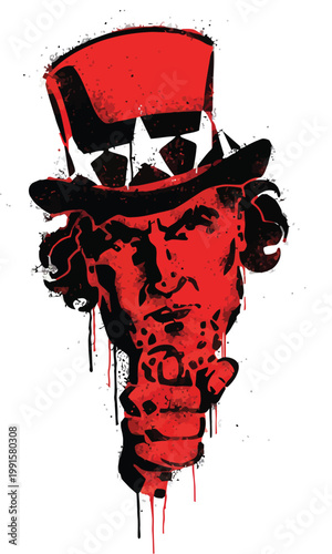 A red illustration of Uncle Sam with a bloody face