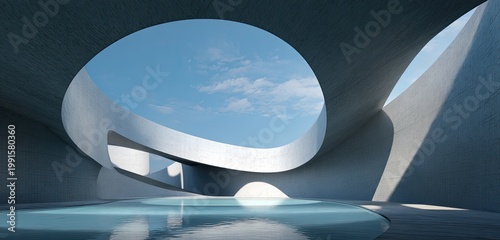 Futuristic architectural design with sleek, modern lines and reflective surfaces.