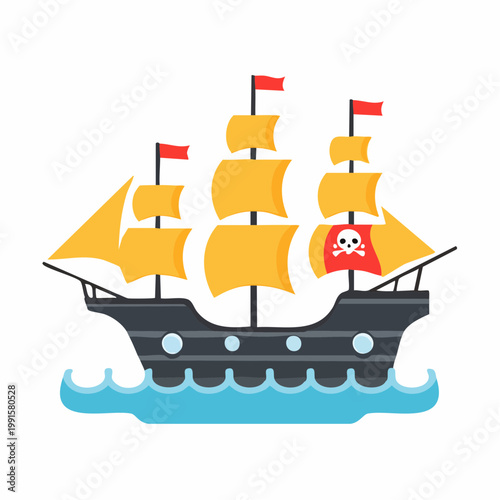 Cartoon Pirate Ship with Jolly Roger Flag Sailing on Blue Waves