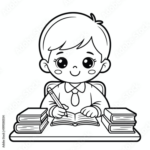 Cute cartoon boy writing in a notebook at a desk with stacks of books