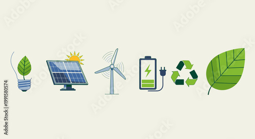 Clean energy icons solar panels wind turbine and eco friendly symbols