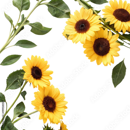 Beautiful tiny sunflowers surrounded by lush green leaves, ideal for Thanksgiving Day celebrations on a crisp white background