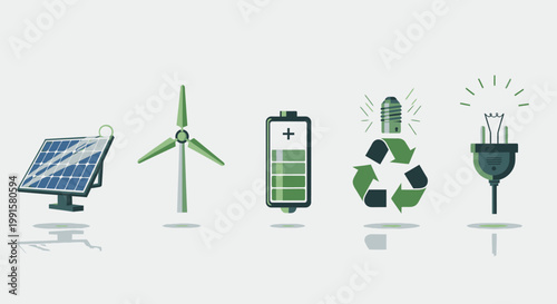 Clean energy sources solar panel wind turbine battery recycling and plug icons