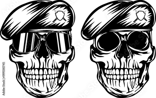 Skull Wearing Beret and Sunglasses, Skull in Beret Isolated on White