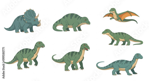 Collection of various prehistoric dinosaur illustrations on white background.