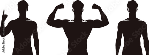 Three muscular male silhouettes in different poses on white background