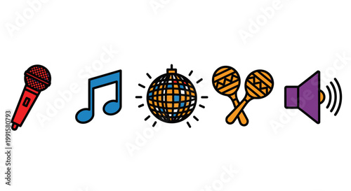 Colorful music icons microphone note disco ball maracas and speaker
