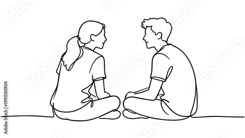 Minimalist Continuous Line Art Couple Sitting Together Romantic Relationship Concept for Social Media Content PNG