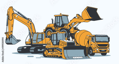 Construction equipment illustration bulldozer excavator loader concrete mixer truck