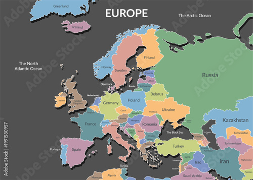 Detailed multicolored political map of the European countries and nearby regions14. Vector flat background.