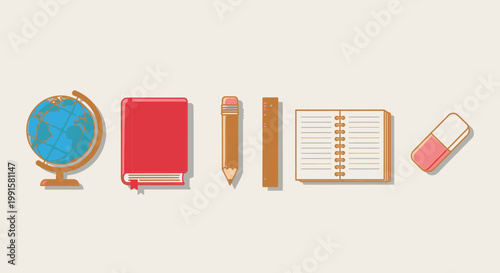 Educational stationary set illustration globe book pencil ruler eraser notepad