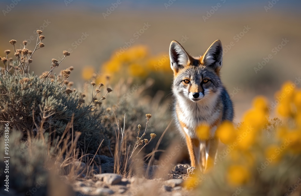 Fototapeta premium Gray fox stands in dry grass and desert shrubs. Wild canine looks forward with alert ears and yellow eyes. Animal in natural arid environment with blurry yellow flowers.
