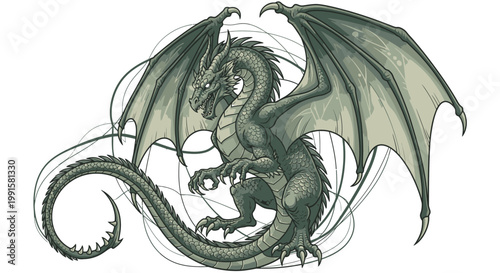 Fantasy dragon illustration with detailed wings and curled tail isolated