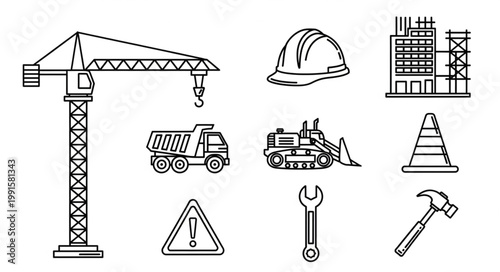 Construction equipment and safety gear icons set.