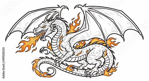 Fantasy dragon illustration spewing fire with outstretched wings on white background