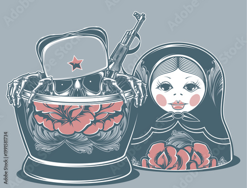 Russian Matryoshka Doll Holding Military Helmet with Gun