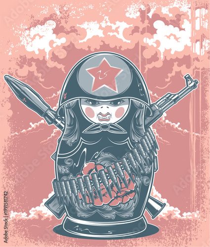 Cute Soviet Soldier Holding Guns and Ammunition in Front of Smoke