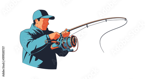 Fisherman casting fishing rod with open water in clean vector illustration