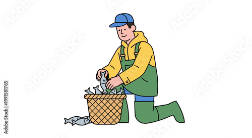 Fisherman harvesting fish from basket illustration on white background