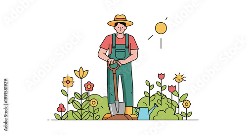 Gardener with shovel standing near flowers illustration against white background