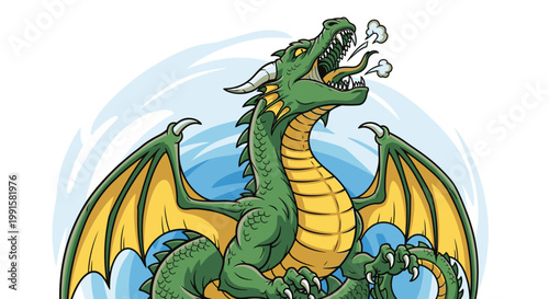 Green cartoon dragon with open mouth and extended tongue in flight