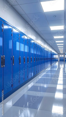 Blue school lockers line a long, bright hallway