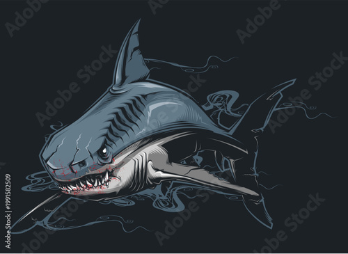 Gray Shark Emerging from Dark Water with Lightning