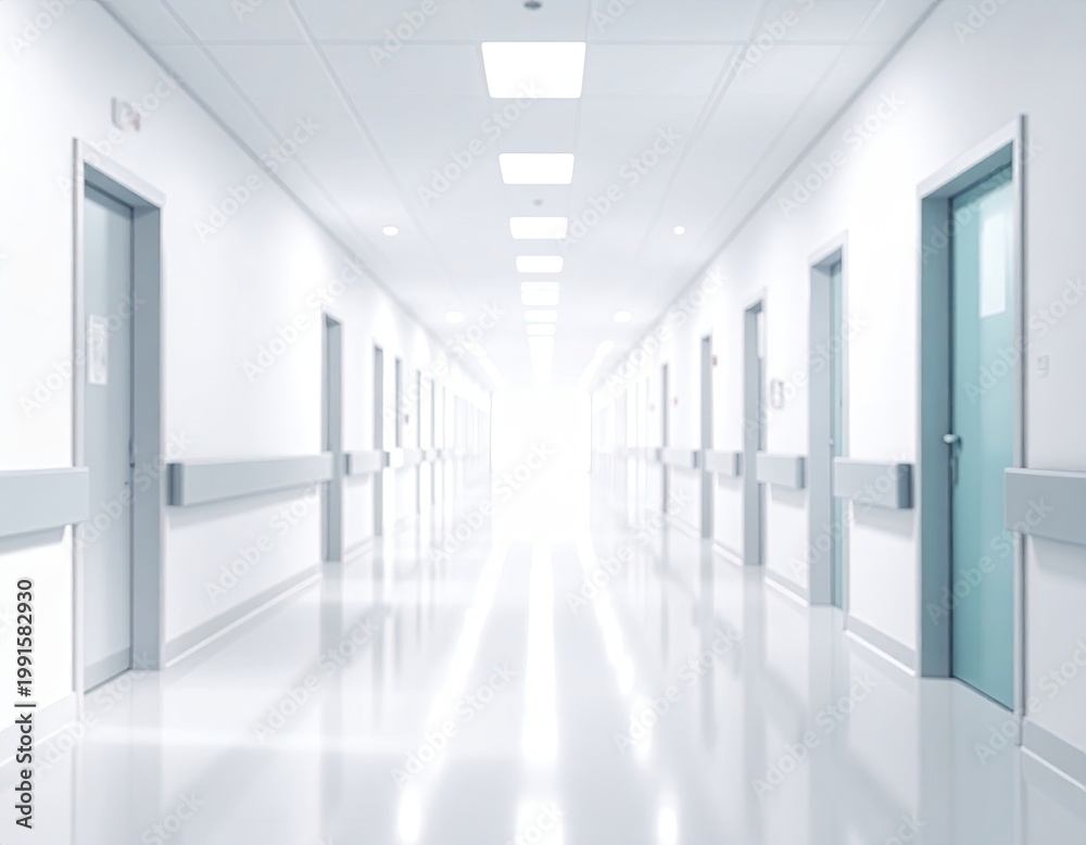 Obraz premium Long, bright hallway with doors and a light at the end