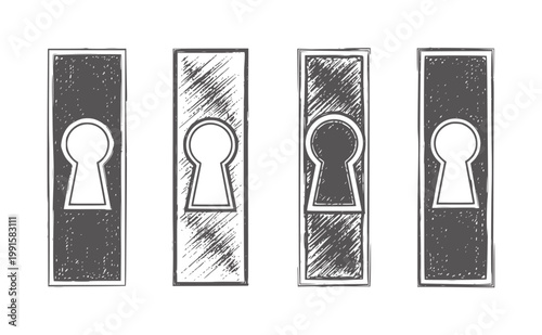 Four stylized keyholes in dark gray and white with textured backgrounds lock door