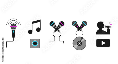 Music icons set microphones notes sound play and singer silhouettes