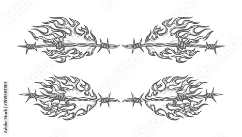 Four symmetrical barbed wire and flame in dark gray fire
