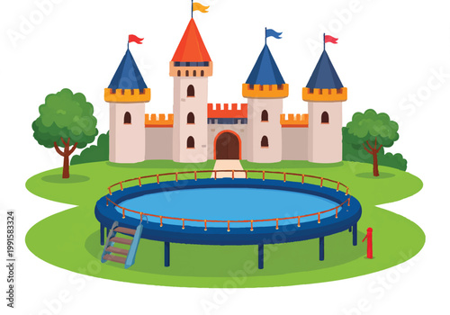 Adobe Illustrator Artwork of Playful cartoon-style illustration of a castle with blue conical roofs and yellow flags, featuring a large circular trampoline in front, surrounded by trees and greenery.