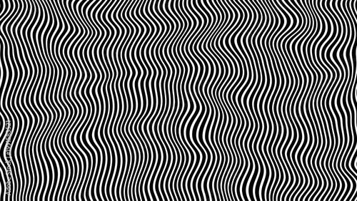 Abstract black and white pattern of distorted wavy lines creating a sense of movement. Minimalist optical art design for modern backgrounds, textures and futuristic concepts