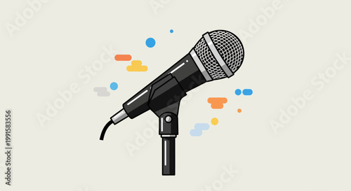 Professional dynamic microphone on a stand with colorful floating abstract elements.