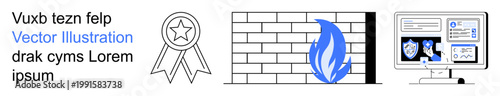 Cybersecurity, protection tools, firewall settings, data privacy, online security, hacking defense. Brick wall with flame, badge and shield icons on a monitor. Cybersecurity and protection tools