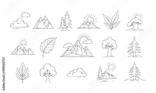 Hand drawn nature with mountains trees clouds and sun