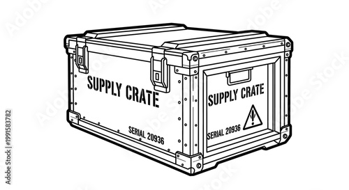 Supply crate illustration with warning sign and serial number isolated