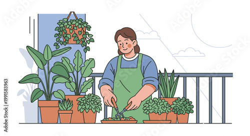 Woman tending plants on balcony with foliage in pots vector illustration