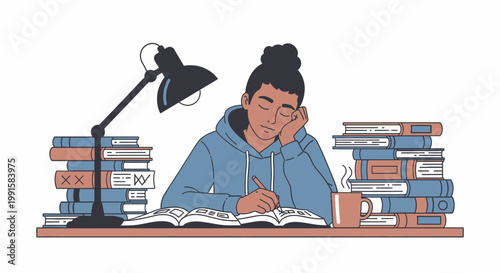 Woman studying with books and lamp sleeping at desk illustration concept