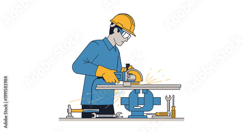 Worker using grinder on metal bar vector illustration isolated white background
