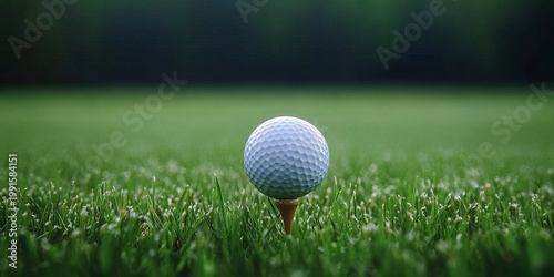 Classic golf ball perfectly teed up on a pristine fairway with lush green grass in the background.