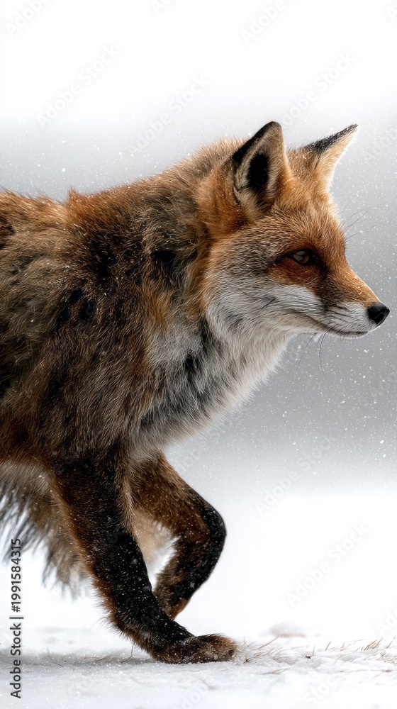 Fototapeta premium A beautiful fox walks through a soft blanket of snow, its rich fur shimmering against the cold backdrop. The scene radiates tranquility and the spirit of nature's wonder