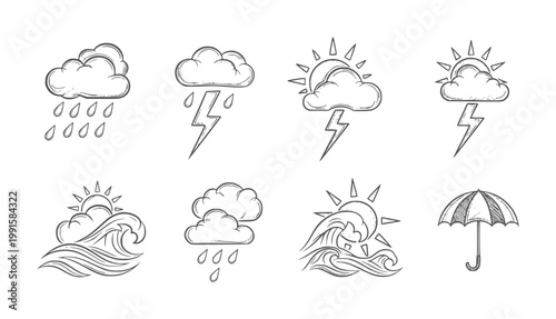 Hand drawn weather featuring rain clouds lightning sun waves and umbrella
