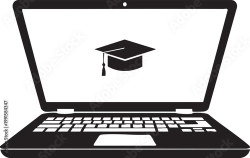 Online education icon with graduation cap on laptop screen silhouette