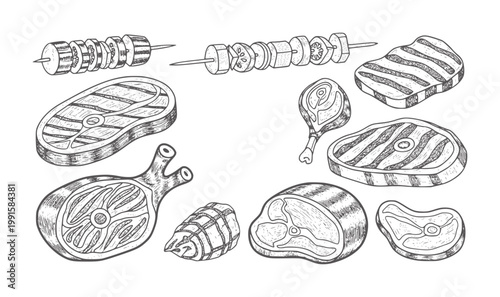 Hand drawn of various grilled meats and skewers white steak chicken